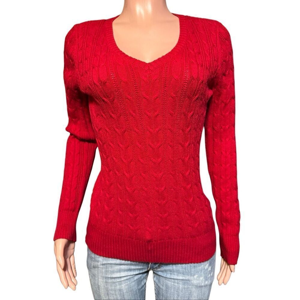 St John bay Womens V Neck Long Sleeve Cable Knit Pullover Sweater S